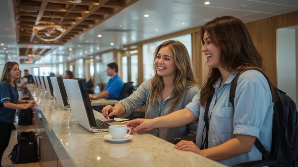 Kreuzfahrt Erstbucher Paar Check-in Schiff aufgeregt