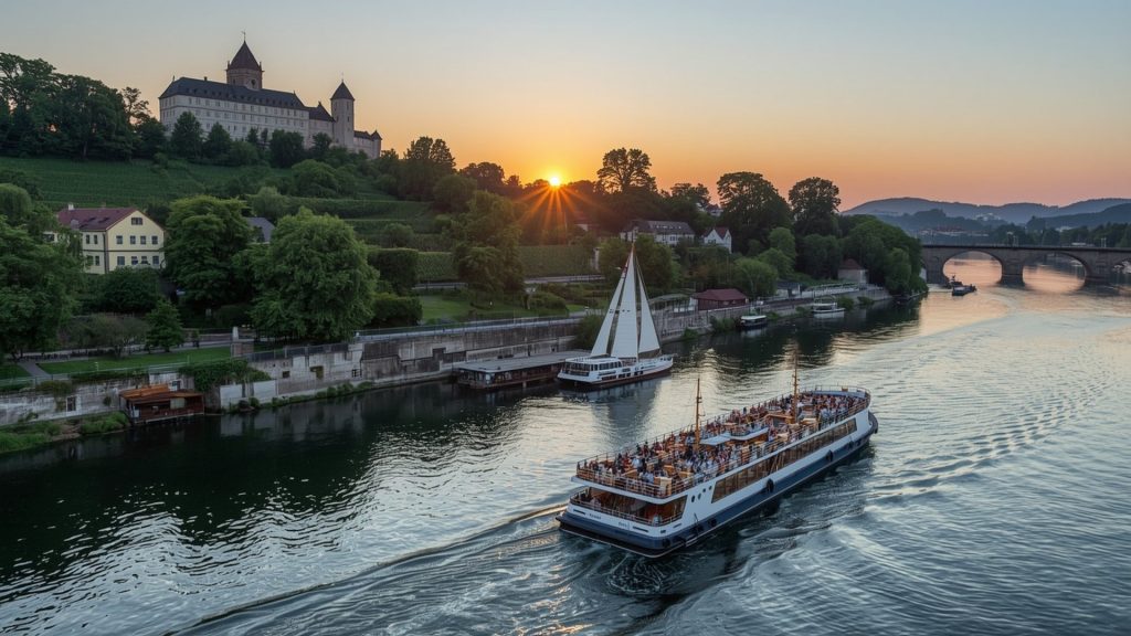 Flusskreuzfahrtschiff Rhein Deutschland Weinberge Burgen