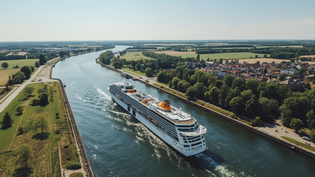Kreuzfahrtschiff Kieler Kanal Deutschland grüne Ufer